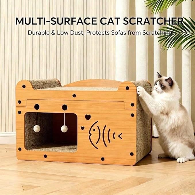 Multi-Function Cat Scratcher House Box,3-in-1 Scratch Pad and Soft Bed & Play Cave with Toys, Durable Build & Ideal for Cats/Kitty (Yellow,FX-SFPPY)