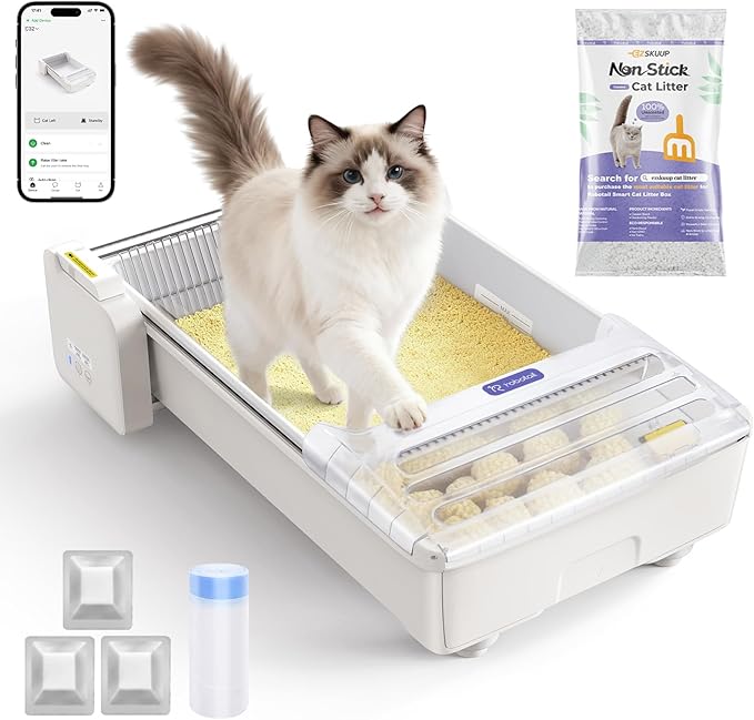 Robotail Automatic Litter Box, Self Cleaning Cat Litter Box with with Roomy Space, Fully Open Cat Box for Multi Cats, Include 5Lb Compatible Cassava Litter