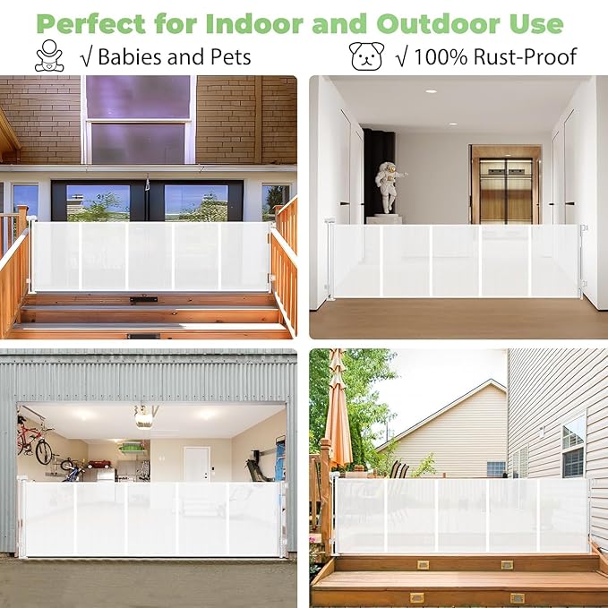 Reinforced 96" Wide Retractable Baby Gates Extra Wide Dog Gate with Support Rods - Prevent Crawling Under, Retractable Dog Gate Indoor Outdoor Retractable Gate Wide Baby Gates for Large Openings,White