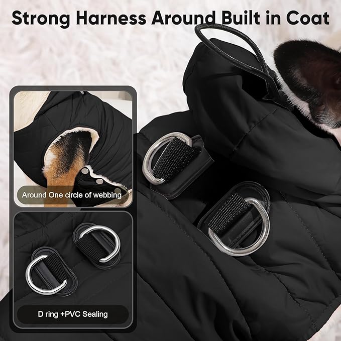Fleece Lining Dog Hoodie with Harness Built in,Extra Warm Small Dog Jacket in Winter Puppy Coats with Drawstring Hooded,Black S