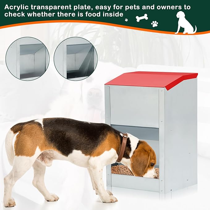 2 Pcs 12 Lbs Large Automatic Dog Feeders with Handle Acrylic Panel Galvanized Gravity Feeder Outdoor Hanging for Doggie Breed Dog Food Dispenser Container(Red, No Wheels)