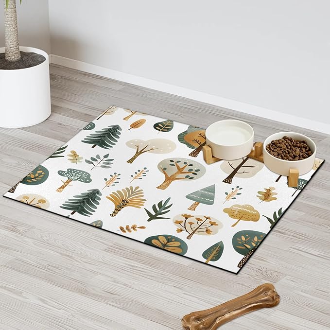 Tree Dog Food Mat for Floors Absorbent, Quick Dry Water Dispenser Mat for Food, Water, Pet Supplies 16" x 24", Plant