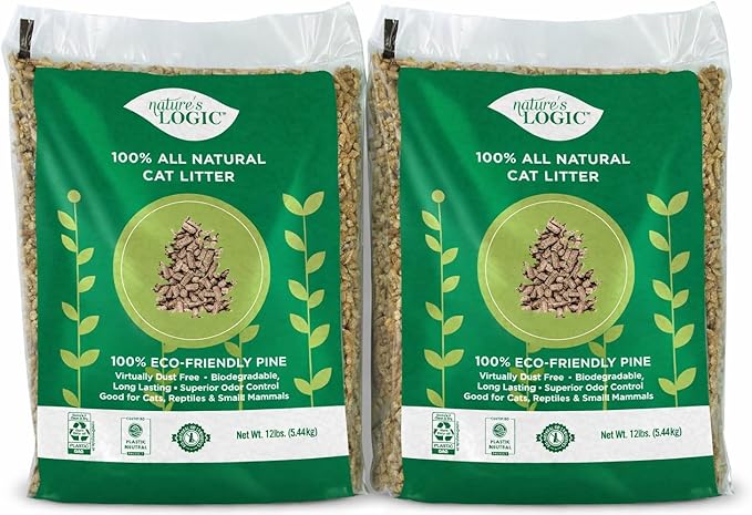 Nature's Logic 100% Natural Pine Pellet Cat Litter - 100% Ponderosa Pine, Dust-Free, Unscented, Biodegradable - Safe for Cats, Kittens, Reptiles & Small Pets - Highly Absorbent - 12 lb Bag (Pack of 2)