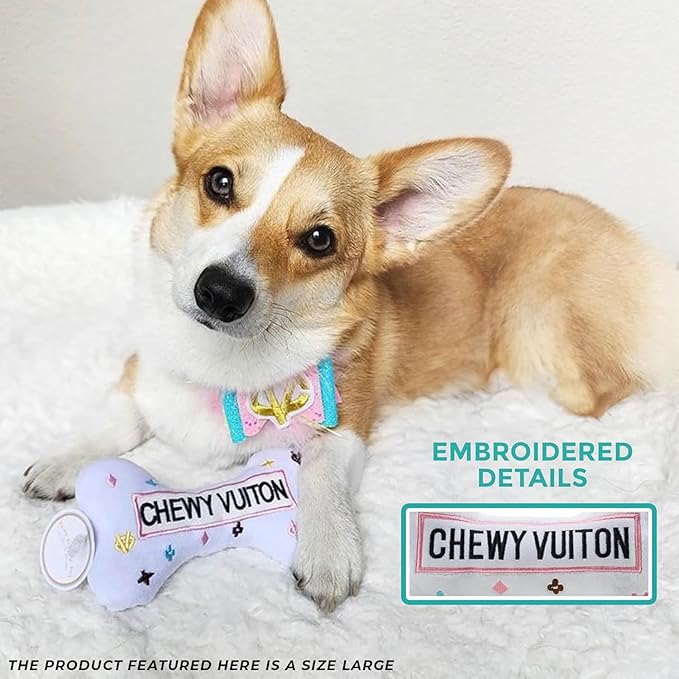 Haute Diggity Dog Medium Chewy Vuiton Bones Plush Dog Toys for Small, Medium & Large Dogs, 4-Pack Durable Stuffed Designer-Inspired Pet Toys with Interactive Squeaker, Machine-Washable & Safe