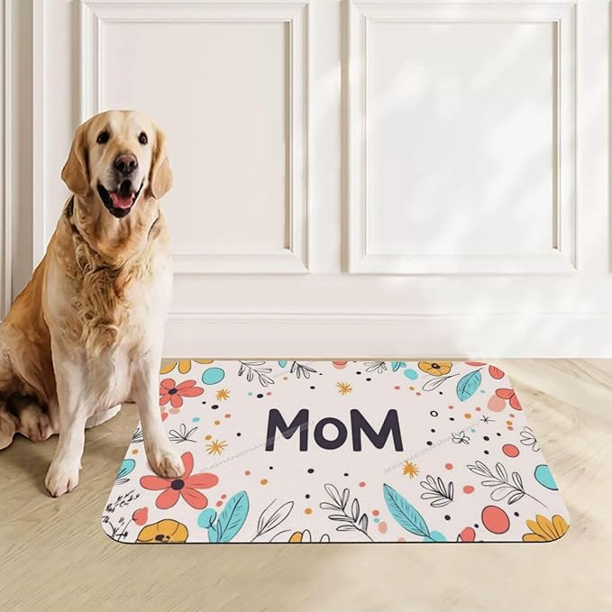 Pet Feeding Mats with Residue Collection Happy Mother's Day Floral Gift for Mom Kt Waterproof Dog Cat Bowl Mat 18X12In with Prevent Water Food Spills