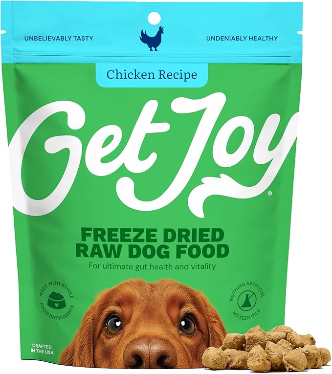 Get Joy Freeze Dried Dog Food | Chicken Recipe with Superfoods for Gut Health & Digestion | Vet Formulated Meal or Topper for Puppy, Senior & Adult Dogs, 100% USDA Sourced, Seed Oil Free | 4oz Bag