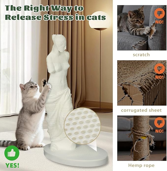 Venus Statue Cat Scratching Post 38 Inch - Felt Decorative Art Sculpture for Apartment, Heavy Duty Anti-Tip Scratcher for Multiple Cats (White)