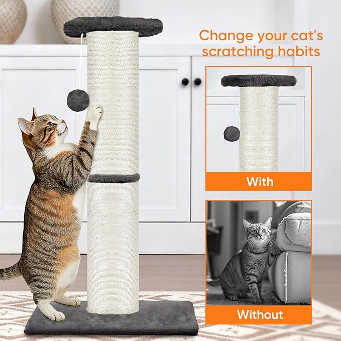 PAWSCRAT Cat Scratching Post 32" Tall, Large Diameter Natural Sisal Cat Scratch Post with Dangling Ball, Scratch-Resistant and Durable Tall Cat Scratcher for Indoor Cats, Protect Your Furniture, Grey