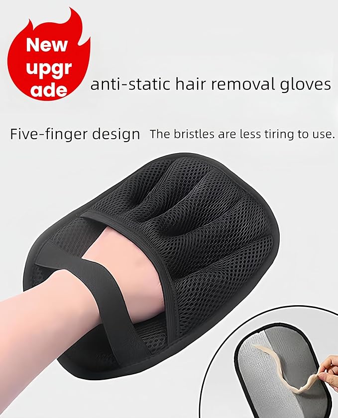 Pet Hair Removal Glove, Five-Finger Anti-Static Mesh Design, Black and Gray, Universal Size with Anti-Slip Strap, Pet Grooming Tool, 2 Count