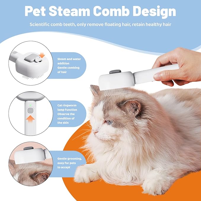3-in-1 Cat Steam Brush – Self-Cleaning Pet Spray Grooming Comb for Cats & Dogs, USB Rechargeable, Shedding, Massaging & Hair Removal with Cool Mist (Blue)
