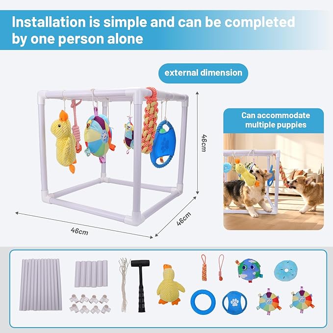 BABORUI Puppy Play Gym, Indoor Hanging Activity with 9 Toys, Puppy Toys to Keep Them Busy, Adjustable Playground for Small Dogs at Home