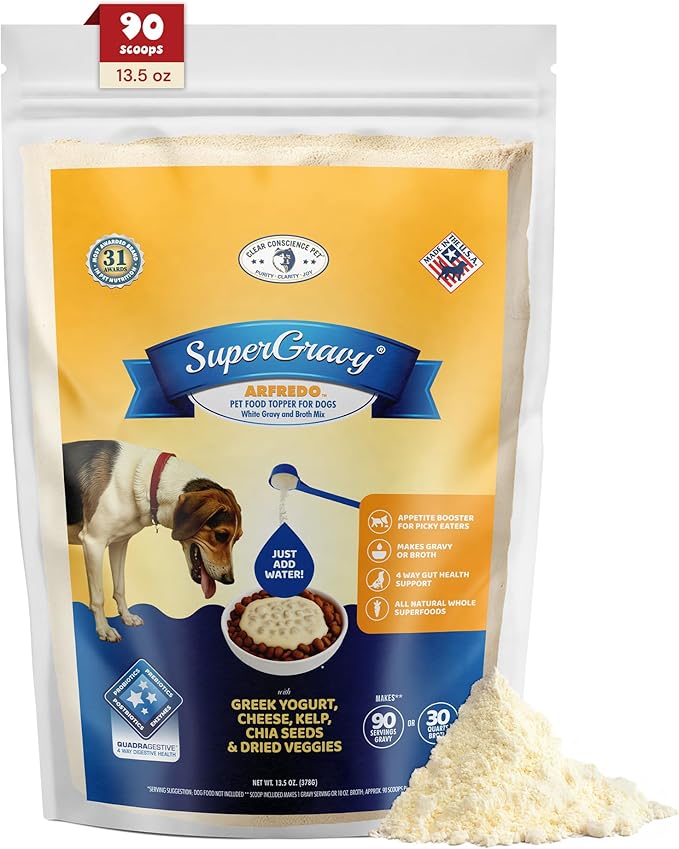 CLEAR CONSCIENCE PET® Arfredo™ SuperGravy® Natural Dog Food Gravy Topper, Hydration Broth Mix, Gluten and Grain Free Kibble Seasoning Powder Topper for Picky Eaters (13.5 oz. (90 Scoop))
