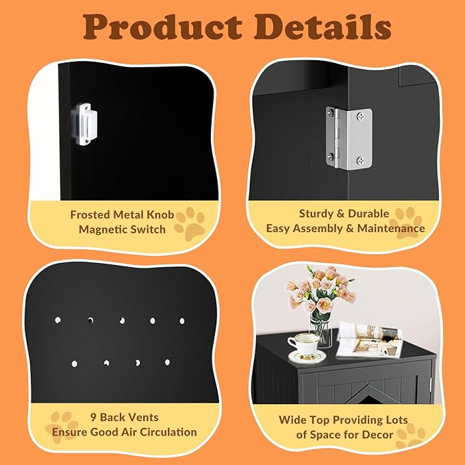 ZENY Hidden Cat Litter Box Furniture - Enclosed Cabinet With Vent Holes, Indoor Wooden Washroom, End Table, Nightstand (Black)