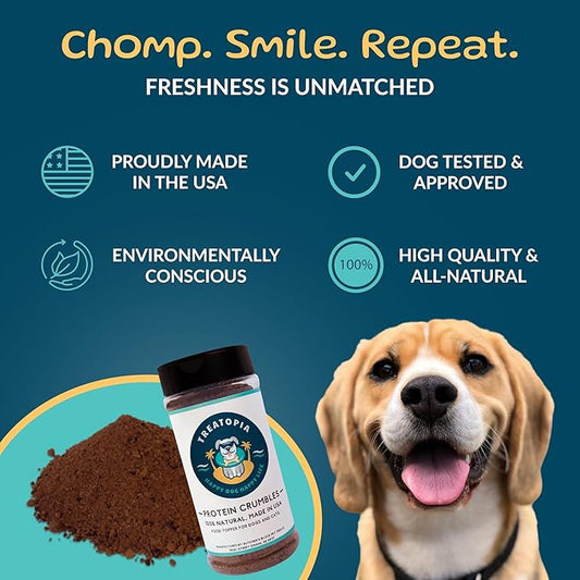TREATOPIA Protein Crumbles Meal Topper for Dogs & Cats, 8 Oz Shaker Bottle - All-Natural Beef Lung & Liver Appetite Stimulant Seasoning, High-Protein, Healthy Treat, Slow-Roasted, Made in The USA