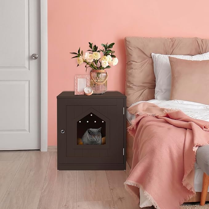 ZENY Cat Litter Box Furniture Hidden, Enclosed Cat Litter Box with Vent Holes, Indoor Cat Box Cabinet, Wooden Cat Washroom, End Table, Nightstand (Brown)