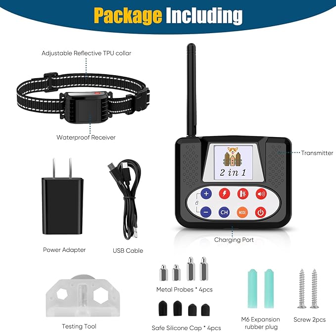 Wireless Dog Fence, Electric Fence System with Big LCD Color Screen, Portable Wireless Pet Fence with Remote Training collar, Dog Perimeter Collar, Adjustable for Small Medium Big Dogs (For 2 Dogs)