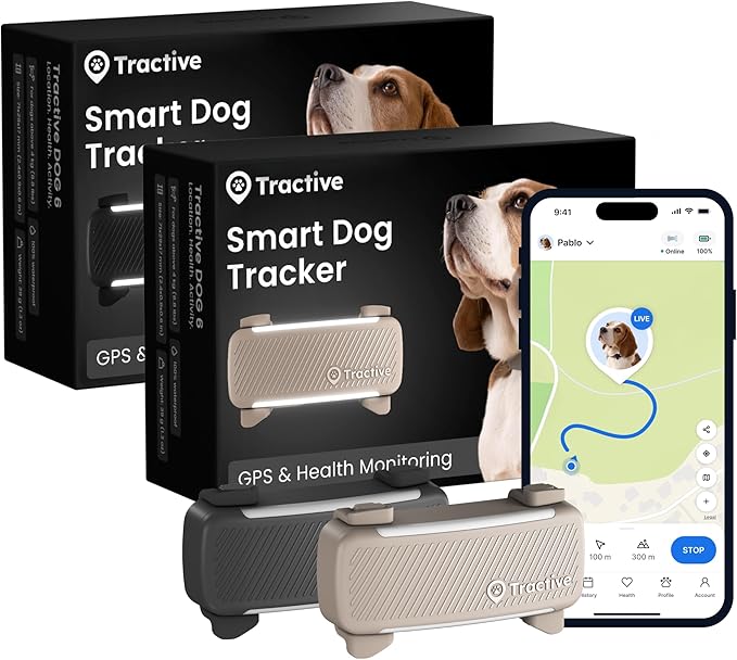 Tractive Smart Dog GPS Tracker | Live Pet Tracker with Virtual Fence | Vital Signs Monitoring of Heart & Respiratory Rate | Bark Monitoring | Dog Collar Attachment (Bundle of 2, Black & Brown)