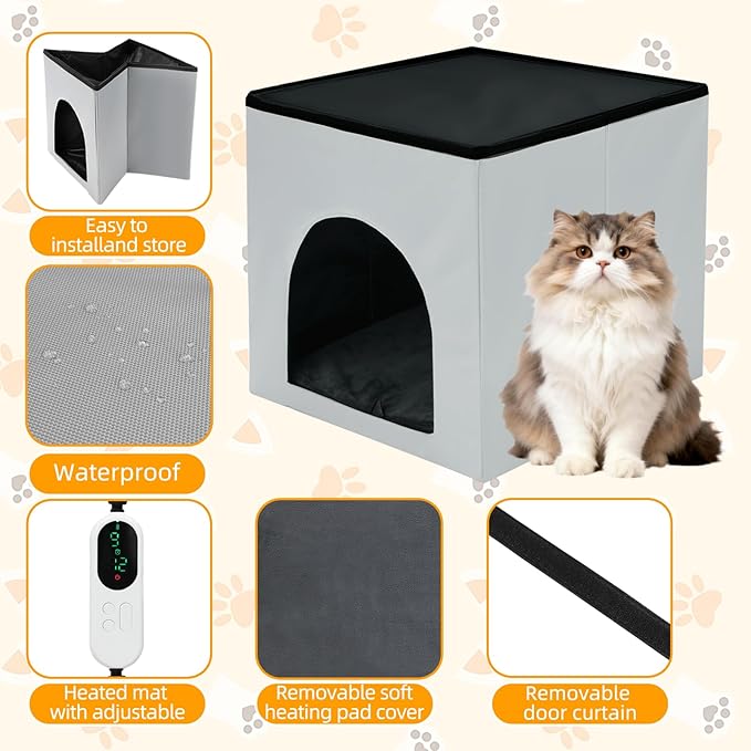 Heated Cat House, Heating Cat Houses for Indoor Outdoor Kitty with Heating Pad, Foldable Heated Kitty House Cat Shelter for Your Pet to Stay Warm and Cozy