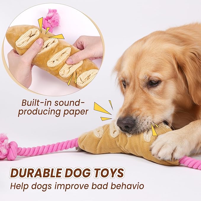 Baguette Dog Snuffle Toy, Interactive Crinkle Plush Chew Toys with Rope for Large Medium Small Dogs, Hide and Seek Treat Dispensing Puzzle for Puppy Boredom Relief, Brain Stimulation Foraging