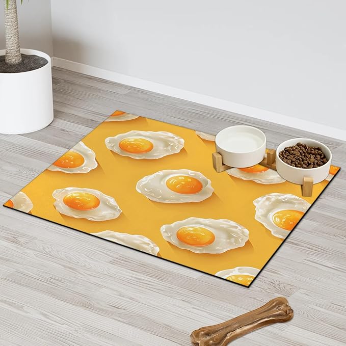 Fried Egg Dog Food Mat for Floors Absorbent Dog Bowl Mat for Food and Water Dispenser Quick Dry Cat Food Placemat Pet Supplies 12" x 20", Cute Eggs
