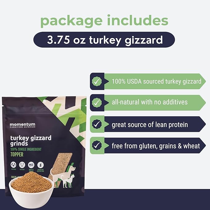 Momentum Carnivore Nutrition Freeze-Dried Turkey Gizzard Pet Food Topper – Single-Ingredient, All-Natural Topper – High-Protein for Dogs and Cats, Grain-Free and Made in The USA– (3.75 oz Bag)