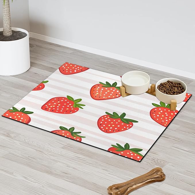 Red Strawberry Dog Food Mat for Floors Absorbent Dog Bowl Mat for Food and Water Dispenser Quick Dry Cat Food Placemat Pet Supplies 16" x 24", Stripe