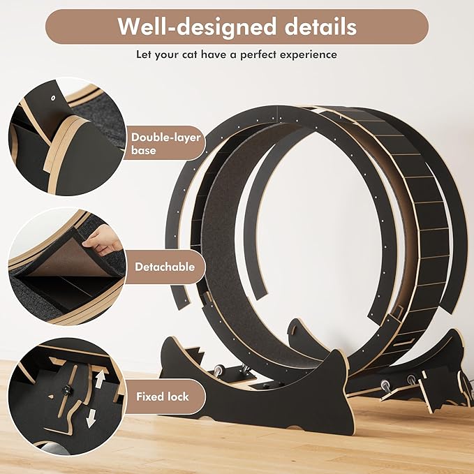 Cat Exercise Wheel, 46'' Cat Wheel for Indoor Cats with Carpeted Runway, XL Treadmill with Removable Carpet and Teaser, for Running Walking Training (Black)