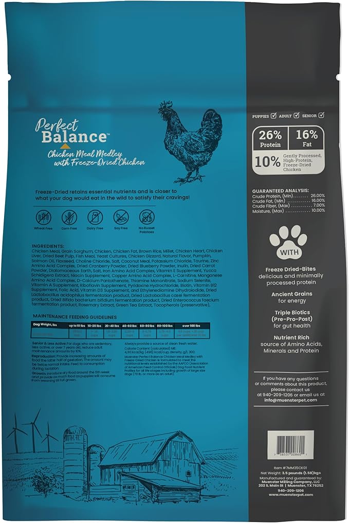 Muenster Perfect Balance Raw Chicken Kibble Mix with Freeze Dried Chicken for Dogs - High Protein, No Corn, Wheat, or Soy - Probiotic Dog Food Raw Treats for Healthy Gut - All Life Stages, 3.5 lb Bag