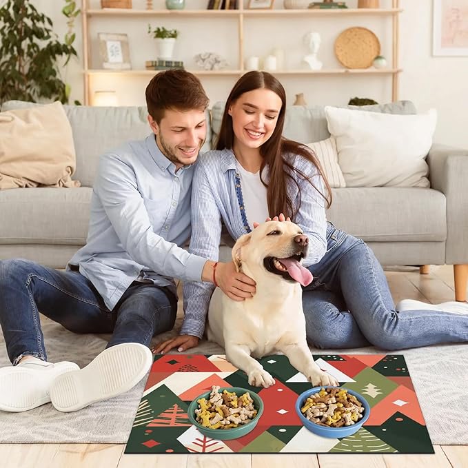 Pine Tree Dog Food Mat for Floors Absorbent, Quick Dry Water Dispenser Mat for Food, Water, Pet Supplies 17" x 30", Boho Tree