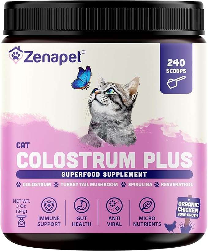 ZENAPET Cat Colostrum Plus Premium Powder Topper, Immune & Digestive Health Supplement, Supports Skin & Coat, Made in USA (1, 3 Ounces)