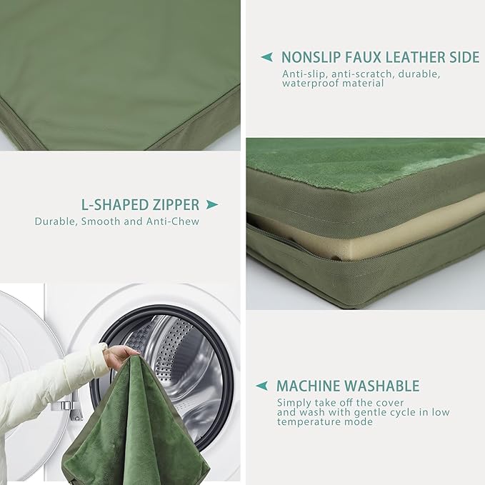 Outdoor Dog Beds Waterproof Washable, XXL Crate Pad 48 inch Extra Large Sized Leather Foam Pet Bed with Removable Cover Reversible, Jumbo Anti-Slip Kennel Pad, 47"x29", Green