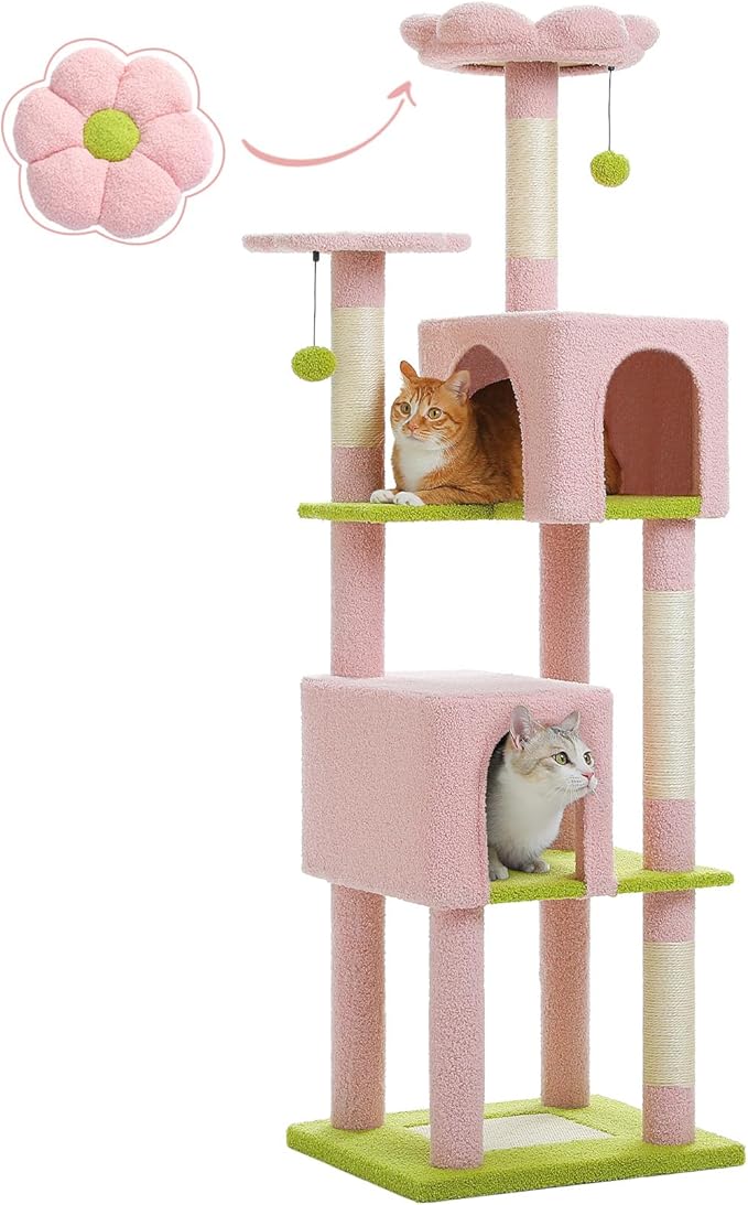 62" Flower Cat Tree for Indoor Cats, Multi-Level Cat Tower with 2 Spacious Condos, Dual Top Perches, Scratching Pad, 4 Scratching Posts, 2 Pompoms, Pink