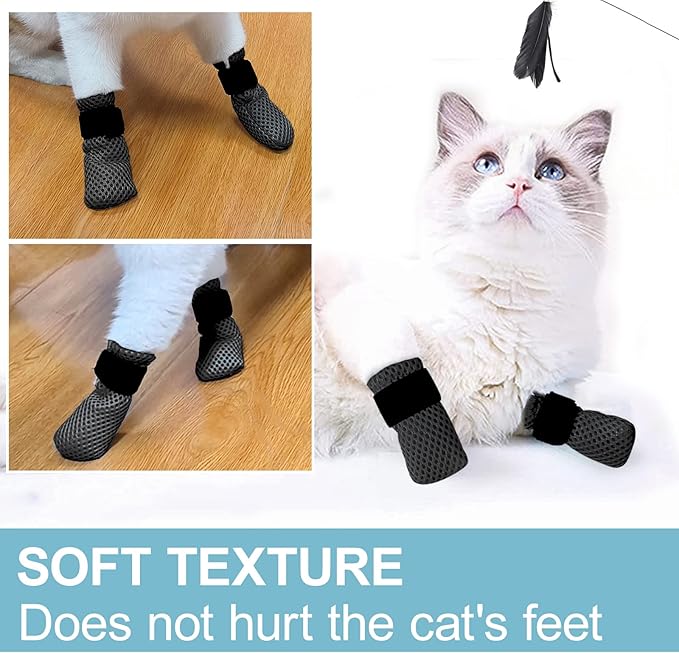 Cat Boots,paw Covers Anti-Scratch Cat Foot Covers for Cats Adjustable Mesh Cat Claw Protectors Non-Slip Breathablesuitable for Family Pet Cat Bathing and Nail Cutting (4 Pieces) (s, Black)