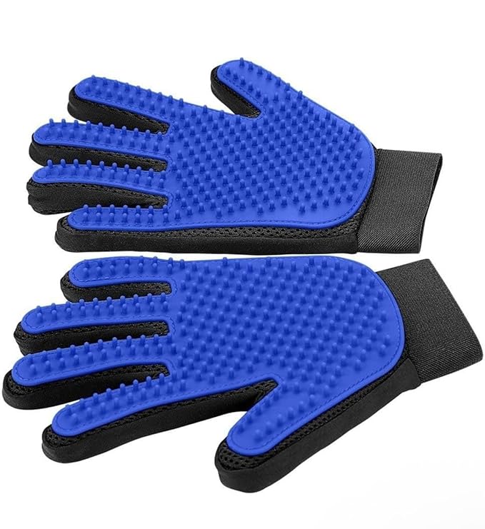 Pet Grooming Glove with 255 Tips, Hair Removal Brush for Dogs and Cats, Blue and Black, Catches 50% More Hair