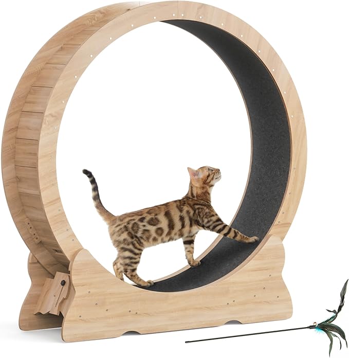 Cat Exercise Wheel, 46'' Cat Wheel for Indoor Cats with Carpeted Runway, XL Treadmill with Removable Carpet and Teaser, for Running Walking Training (Natural Wood)