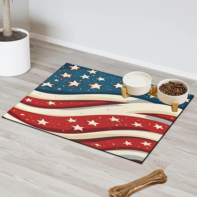 4th of July Dog Food Mat for Floors Absorbent Dog Bowl Mat for Food and Water Dispenser Quick Dry Cat Food Placemat Pet Supplies 17" x 30", Red White Stripes