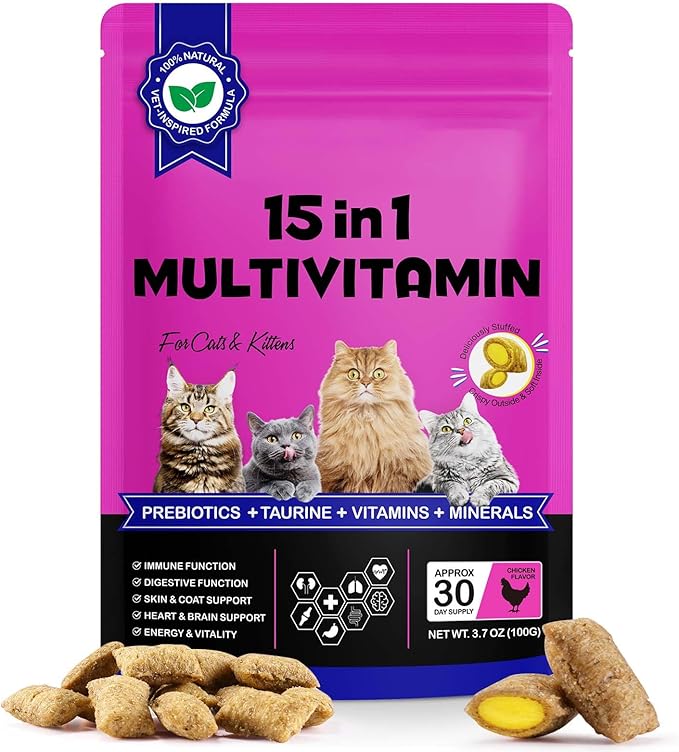 15 in 1 Cat Multivitamin Cruchy & Creamy Chews, Cat Treats for Immune + Digestive, Skin & Coat, Heart & Brain, Energy & Vitality Support, Vitamin for Cats with Omega 3 & Prebiotics & Taurine(30 Day)
