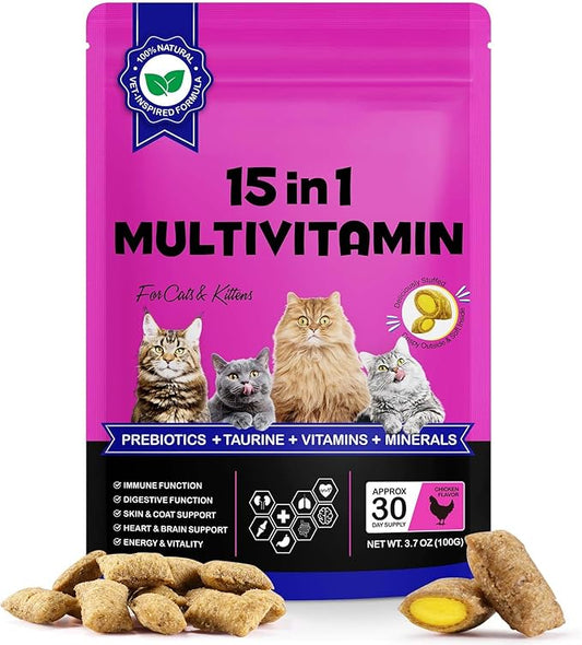 15 in 1 Cat Multivitamin Cruchy & Creamy Chews, Cat Treats for Immune + Digestive, Skin & Coat, Heart & Brain, Energy & Vitality Support, Vitamin for Cats with Omega 3 & Prebiotics & Taurine(30 Day)