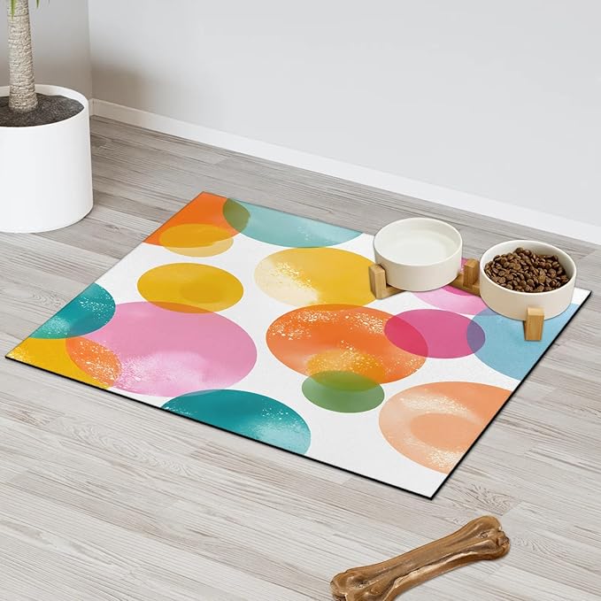Polka Dots Dog Food Mat for Floors Absorbent Dog Bowl Mat for Food and Water Dispenser Quick Dry Cat Food Placemat Pet Supplies 16" x 24", Colorful Rainbow