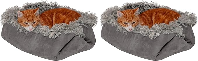 Furhaven Self-Warming Cat Bed for Indoor Cats, 4-Beds-in-1 & Washable - Plush Long Faux Fur Convertible Cuddler - Gray, Small (Pack of 2)