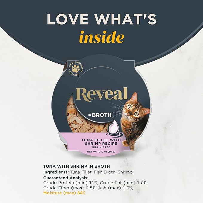 Reveal Natural Wet Cat Food, Limited and Natural Ingredients, Grain Free, High Protein with No Artificial Additives, Tuna Fillet with Shrimp in Broth (18 x 2.12 oz Easy Peel Pots)