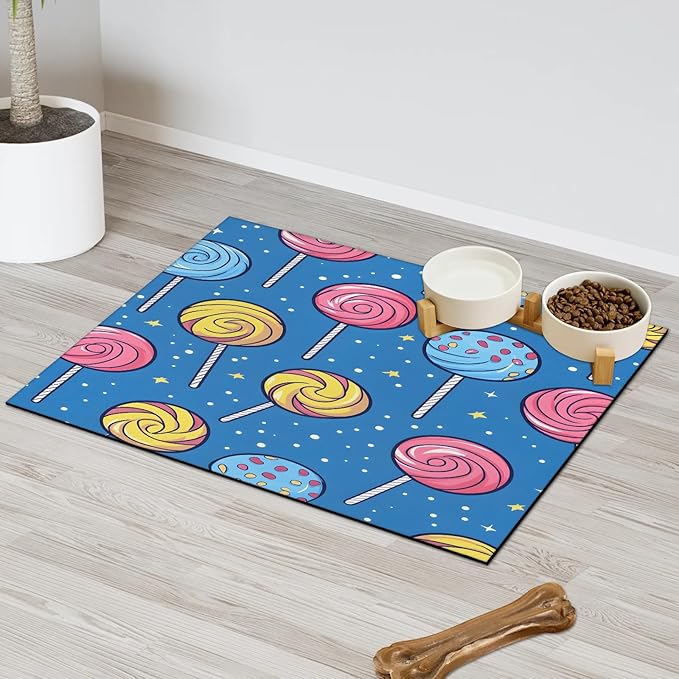 Candy Lollipop Dog Food Mat for Floors Absorbent Dog Bowl Mat for Food and Water Dispenser Quick Dry Cat Food Placemat Pet Supplies 16" x 24",