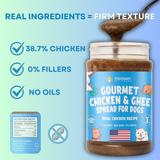 Visionary Pet Foods Chicken Meat Spread, Dog Safe and Natural Peanut Butter Alternative - Healthy Digestive Support, No Additives - Lick Mat Treats - 12oz Jar
