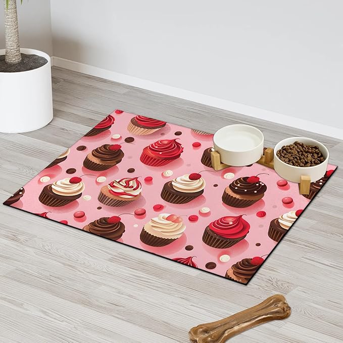 Chocolate Cake Dog Food Mat for Floors Absorbent Dog Bowl Mat for Food and Water Dispenser Quick Dry Cat Food Placemat Pet Supplies 16" x 24", Colorful Polka Dots
