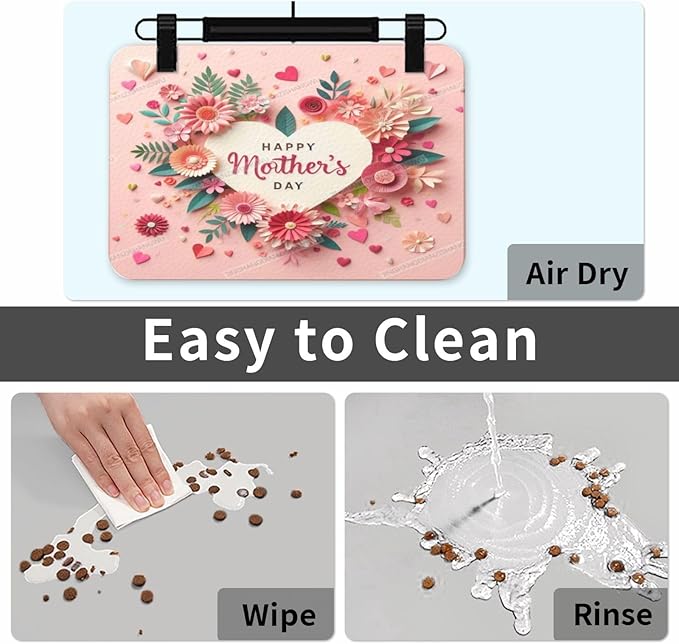 Dog Food Mat Happy Mother's Day Pink Floral Gift for Mom Ky Absorbent Water Bowl Mats Cat Pet Feeding Placemats 24x16In
