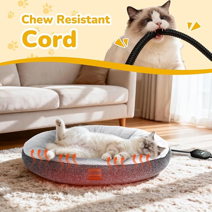 CATISM Heated Cat Bed Indoor - Self Warming Cats Beds, Heating Cat Beds for Indoor Kitten or Small Animals, Cozy Donut Heated Kitty Cave with Timer & Temp Adjustable, Heating Pad with Non-Slip Bottom