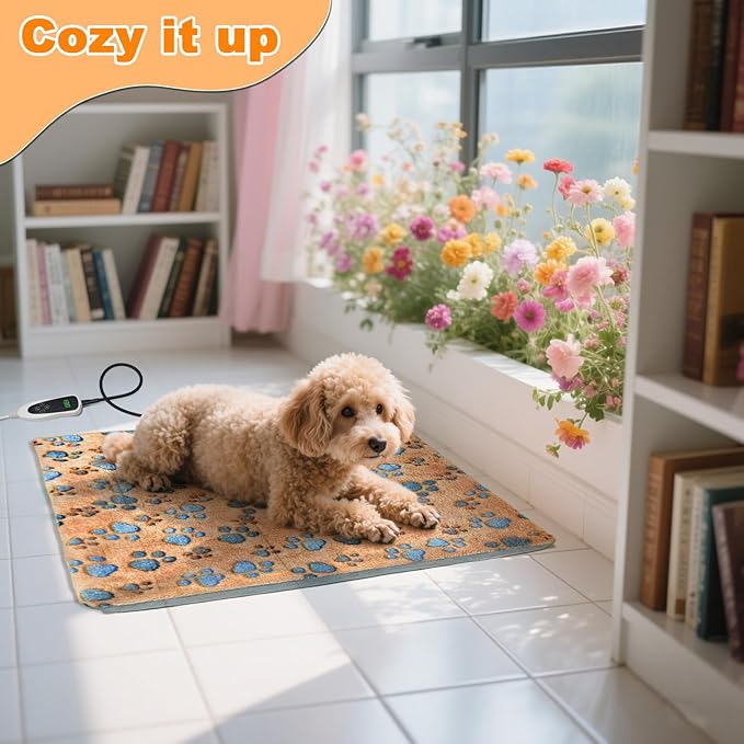 Cat Heating Pad 18×18 in Dog Heated Bed Smart Temperature Control Switch, Metal Protective Pipe Waterproof Cat Beds for Indoor Cats with a Plush Cotton Cover