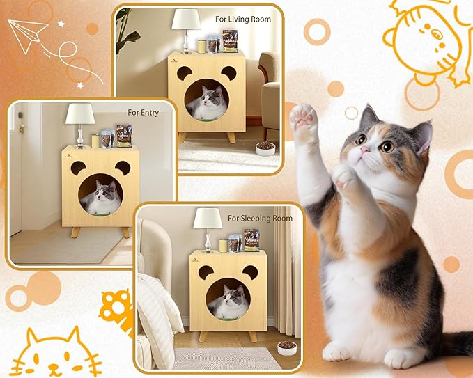 Cat End Table Aluminum Bed Table, Nightstand, Cat Litter Box Enclosure for Indoor and Outdoor with Cabinet Legs and Countertop, Weatherproof, Beige