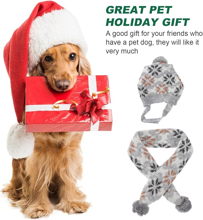 Happyyami Pet Dog Hat and Scarf Set Christmas Knitted Warm Snowflake Pattern Gray Scarf and Cap L Size for Holiday Pet Costume Supplies
