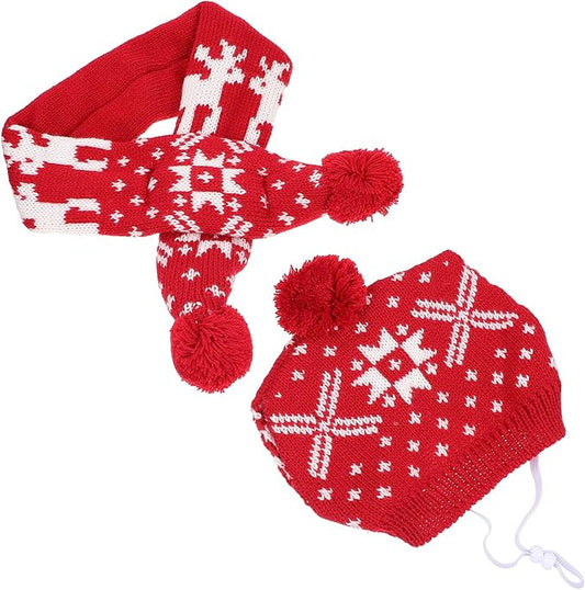 Pet Hat and Scarf Set for Dogs, Knitted Christmas Winter Warm Red Snowflake Reindeer Design, Large Size, Holiday Costume Supplies for Puppies and Small Dogs